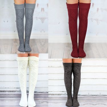 2025d Autumn Winter Hot Sale Solid Color Diamond Rolled Edge Over-the-Knee Slouch Women's Knitted Wool Socks_voghion.com