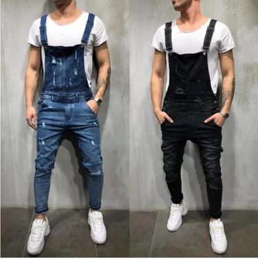 Fashionable men's suspenders Denim jumpers tear the jeans pants_voghion.com