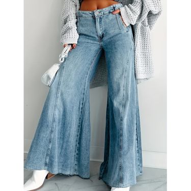 Plus Size Women's Elegant Flared Jeans – Stretch-Free Wide-Leg Denim Pants (XL-5XL, Blue, Minimalist Chic For Office & Weekend)_voghion.com