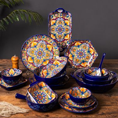 Bohemian Ceramic Dinnerware Set - Underglaze Hand-Painted Bowls & Plates With Handles Vintage Style For Home & Restaurant_voghion.com