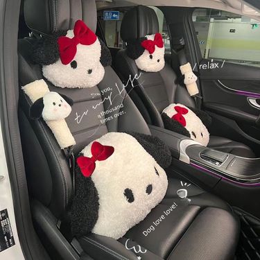 Cute black and white dog car headrest Cartoon creative plush comfortable waist car creative headrest neck pillow_voghion.com