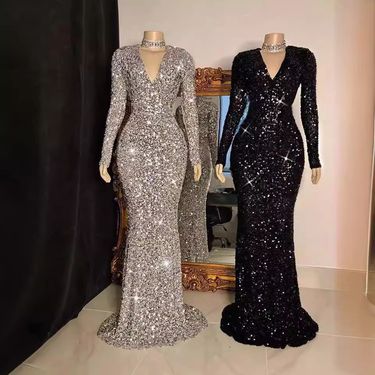 Women's Clothing Evening Dress 2024 New Sequined V Neck Long Sleeves Host Performance Banquet High End Sexy Tail Tight_voghion.com