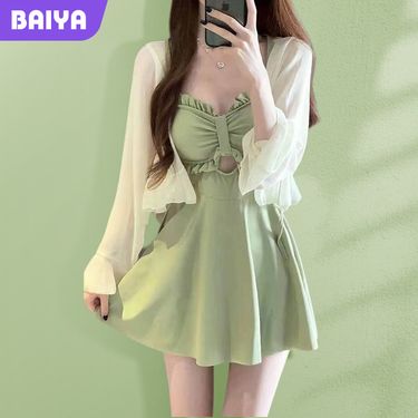 Women's Swimsuit High Waist One-Piece Slimming Skirt Sexy Pure Desire Ins Style Long Sleeve Hot Spring Vacation Swimwear_voghion.com