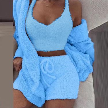 Underwear & Sleepwears cross border new plush leisure home clothes three piece suit long sleeved navel baring vest shorts pajamas set_voghion.com