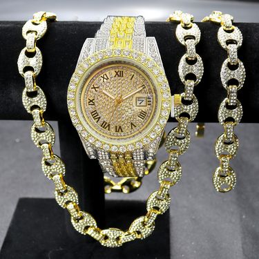 Full Diamond Hip Hop Watch Character Cuban Bracelet Necklace Set Roman Scale Calendar Quartz Watch_voghion.com
