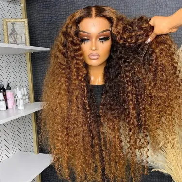 13x6 HD Lace Frontal Wig Highlight Human Hair Wigs Curly Ombre Colored Honey Blonde Water Wave_voghion.com