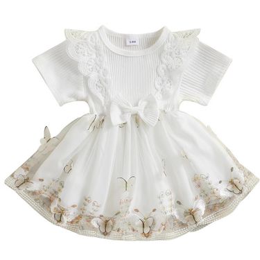 "Baby Girl Lace Romper Dress With Floral Embroidery - Soft Breathable Cotton Blend Short Sleeve Outfit For Newborn Toddler 3-18M"_voghion.com