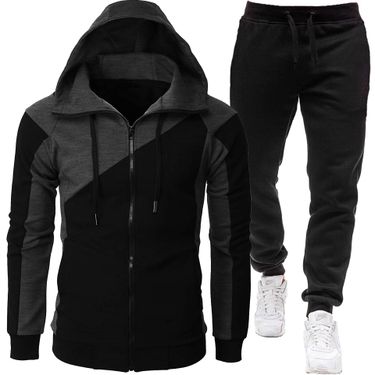 2024 autumn and winter dual color patchwork jacket, long sleeved pants, hooded casual sports men's set_voghion.com