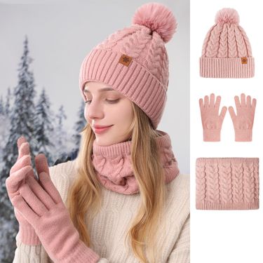 Winter Knitted Hat Gloves Winter Women's Outdoor Cycling Double Layer Thick Warm Hat Scarf Three Piece Set_voghion.com