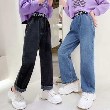 Girls' Jeans Fashionable Dress Letter Waist Wide Leg 2023 New Middle Big Spring and Autumn Children's Pants_voghion.com
