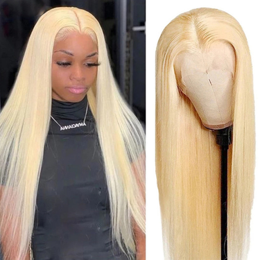 Synthetic Wig Women's Light Gold Split Long Straight Hair Dyed Chemical Fiber Headwear_voghion.com