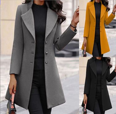 2023 European and American Cross-border Autumn and Winter Explosions Lapel Slim Solid Color Slim Fit Women's Woolen Coat Coat Women_voghion.com