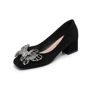 Women's 2025 Spring New Medium Thick Heel Square Bow With Skirt Black High Heeled_voghion.com