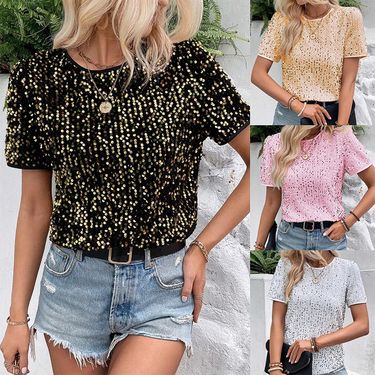 New Commuter Loose Fit Short Sleeve Round Neck Top Women Sequin T-Shirt_voghion.com