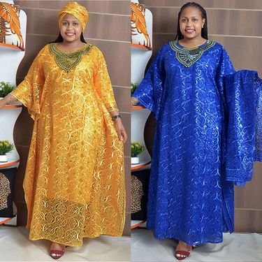 Women's Clothing embroidered lace loose bat sleeve dress robe three piece vest with headscarf_voghion.com