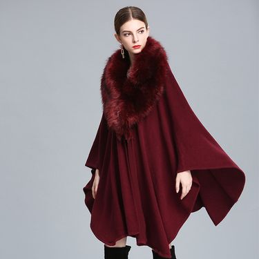 Fur collar cape long long fur collar cape large size knitted cardigan_voghion.com