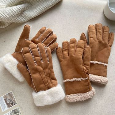 Super warm chestnut autumn and winter finger gloves outdoor lamb wool suede thickened versatile gloves_voghion.com