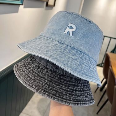 Korean version versatile washed denim letter basin hat for women, simple and casual, summer shading, revealing face,_voghion.com