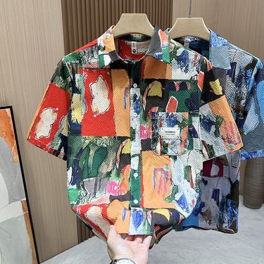 Dopamine Summer Vintage Oil Painting Graffiti Niche Lazy Wind Ins Casual Versatile Art Sense Short Sleeve Shirt Tide_voghion.com
