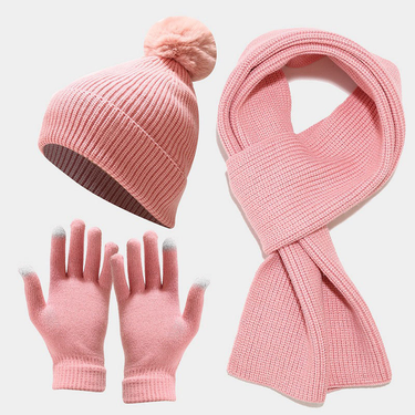 Autumn and winter new women's knitted hat scarf gloves three-piece outdoor thickened warm hairball wool hat set_voghion.com