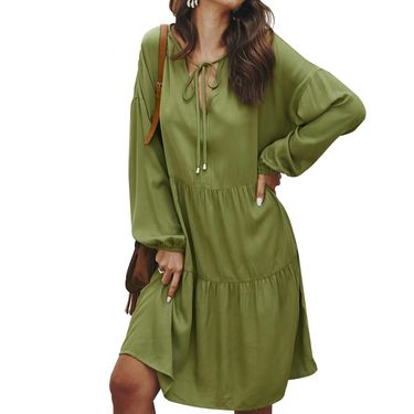 2025 New Long Sleeve High Waist Loose V-neck Solid Color Patchwork Midi Dress With Tie Straps_voghion.com