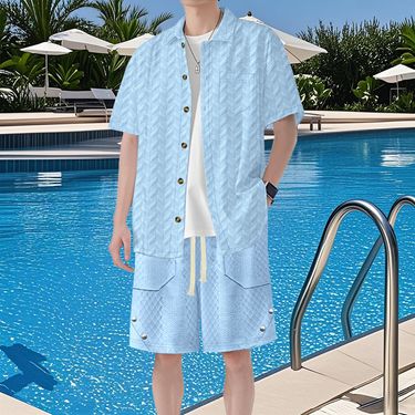 Men's Clothing Jacquard Lapel Shirt Shorts Two Piece Suits Leisure Breathable_voghion.com