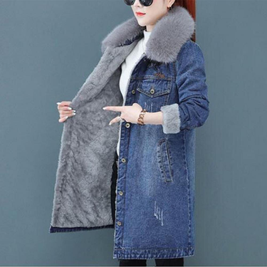 Women Winter Denim Fleece Coat Big Furry Collar Mid Length Flap Pockets Cardigan Warm Thick Casual Lady Jackets_voghion.com