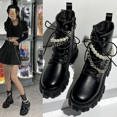 Autumn and winter new style bottom pearl chain Martin Boots Women's thick heel tube tie European short boots_voghion.com