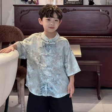 24 Summer South Korean Children's Wear Soft Satin Jacquard New Chinese Style Pan Button Short sleeved Shirt for Middle_voghion.com