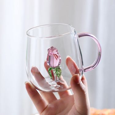 3D Rose Glass Cup with Handle Household Breakfast Cup for Juice Coffee Clear Mug cute Tea Milk Cup copas de cristal de colores_voghion.com
