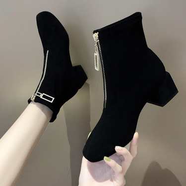 Martin Women's English Style Versatile New Suede Thick Heel Slim Front Zipper Short Boots 2023 Autumn/Winter_voghion.com