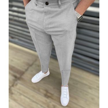 Men's Mid-Waist Solid Color Trousers Slight Elastic Casual Pants_voghion.com