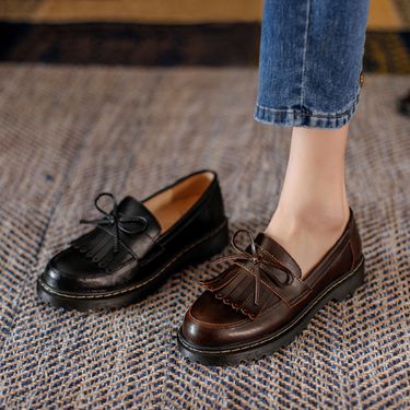 Women's Shoes Retro Thick Soled Chunky Heeled Leather Shoes Bowknot Tassel Loafers Slip On Lazy Round Toed Single Shoes For Women_voghion.com