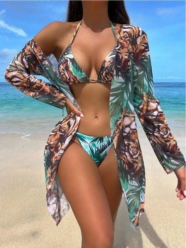 Women's chiffon print three-piece suit ladies fashion bikini separate strap swimsuit bikini_viptrois.com