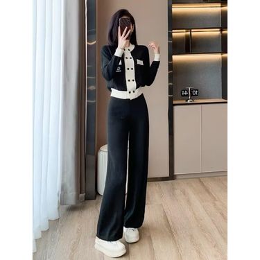 Xiaoxiangfeng Knitted Leisure Sports Set for Women's Spring and Autumn, Western Age reducing Style, Top, Wide Leg Pants,_voghion.com