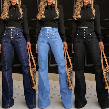 Breasted High-waisted Jeans Women's Slim Temperament Flared Pants Trousers_voghion.com