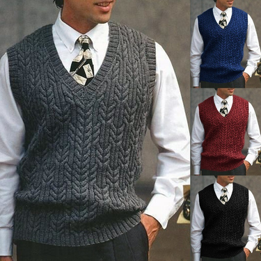 Men's knitted vest cable V-neck sweater solid color casual men's clothing_voghion.com