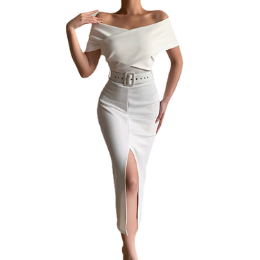 elegant temperament for commuting, simplicity and maturity new style off-shoulder belt slit skirt_voghion.com