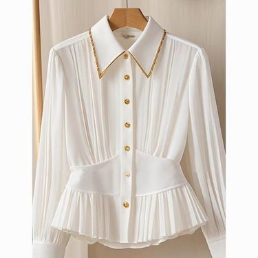 Women's Clothing Hepburn Style Niche Light Luxury High End Pleated Polo Collar White Shirt Autumn Outer Wear Ins Waist Outer Wear_voghion.com