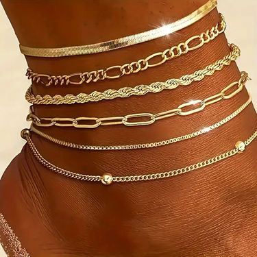 Trendy Jewelry Hot-Selling New 6-Piece Personality Flat Snake Chain Multi-Layer Women's Anklet Set_voghion.com