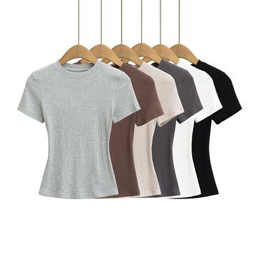 Women's Clothing Thread Tight Short Sleeved T Shirt Women's Summer Slim Round Neck Solid Color Elastic Sports Top_voghion.com