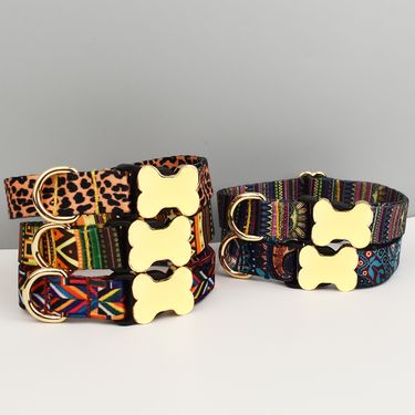 Ethnic Style Ribbon Bone Buckle Printed Pet Cute Outdoor Walking Neck Collar Chain Dog Leash_voghion.com