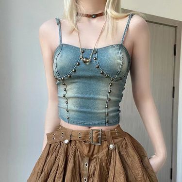 European And American Women's Clothing Foreign Trade Cross Border Supply Distressed Rivet Denim Straps Body Shaping Chest Sexy Small Suspenders_voghion.com