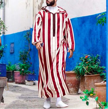 Men's Clothing ethnic style men's clothing 2024 autumn new color matching striped long Muslim robe hoodie_voghion.com