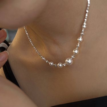 Broken Silver, Black Gallstones, Pearl Necklace, Women's New Korean Style, Niche, Versatile, Collarbone Chain, Light_voghion.com
