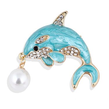 Lanhao cartoon handmade rhinestone alloy oil drop dolphin pearl brooch ladies accessories_voghion.com
