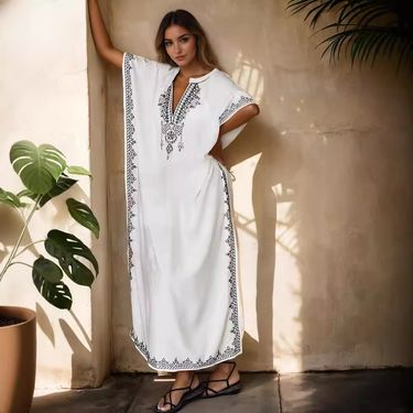 White Denim Size Plus Floral Long Neck Midi Maxi Summer Related Friendly Zipper Button Printed Solid Comfortable Dress_voghion.com