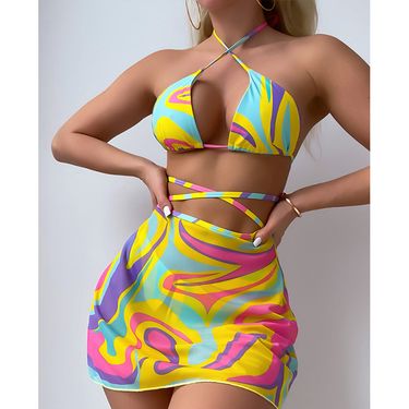 Printed Cross Tie Swimsuit Three-Piece Set 2025 New Women's Bikini Beach Dress_voghion.com