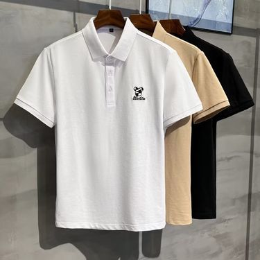 2024 Summer Thin Pearl Mesh Bear Embroidered Back Letter Print Slim Fit Elastic Polo Short Sleeves_voghion.com