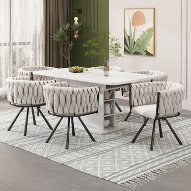 6er Set Leinen Esszimmerstühle Mit Metallbeinen, Beige/schwarz_voghion.com